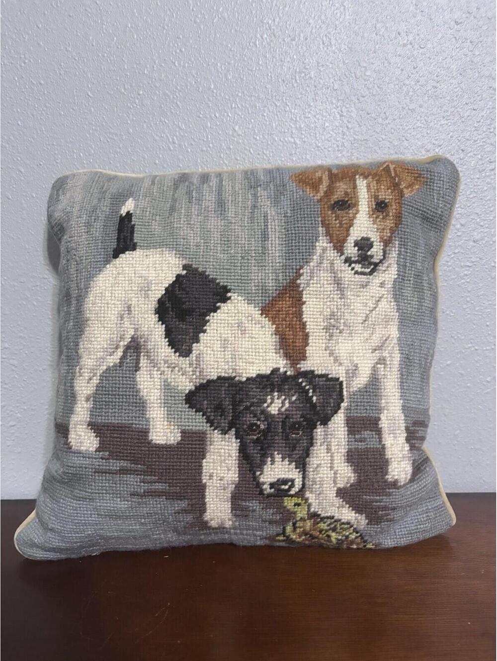 Jack Russell Terriers And Turtle Needlepoint Pillow With Velvet Backing Zipper - Picture 1 of 2